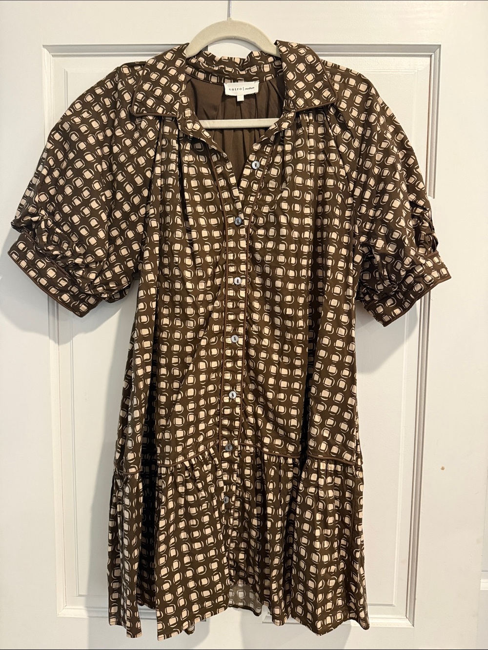 entro Brown Patterned Button-Front Dress with Cream Accents